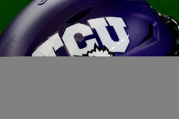 Jul 14, 2022; Arlington, TX, USA; A view of the TCU Horned Frogs helmet logo during the Big 12 Media Day at AT&T Stadium. Mandatory Credit: Jerome Miron-USA TODAY Sports